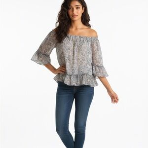 Women's Lucky Brand XL Blue Beige Patterned Off-Shoulder Blouse Boho Cottagecore